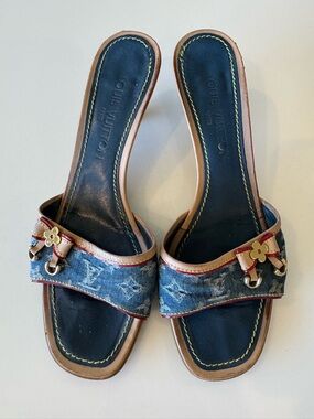 Louis Vuitton Vintage Monogram Denim Leather Bow Mules Kitten Heels Size EU 37.5